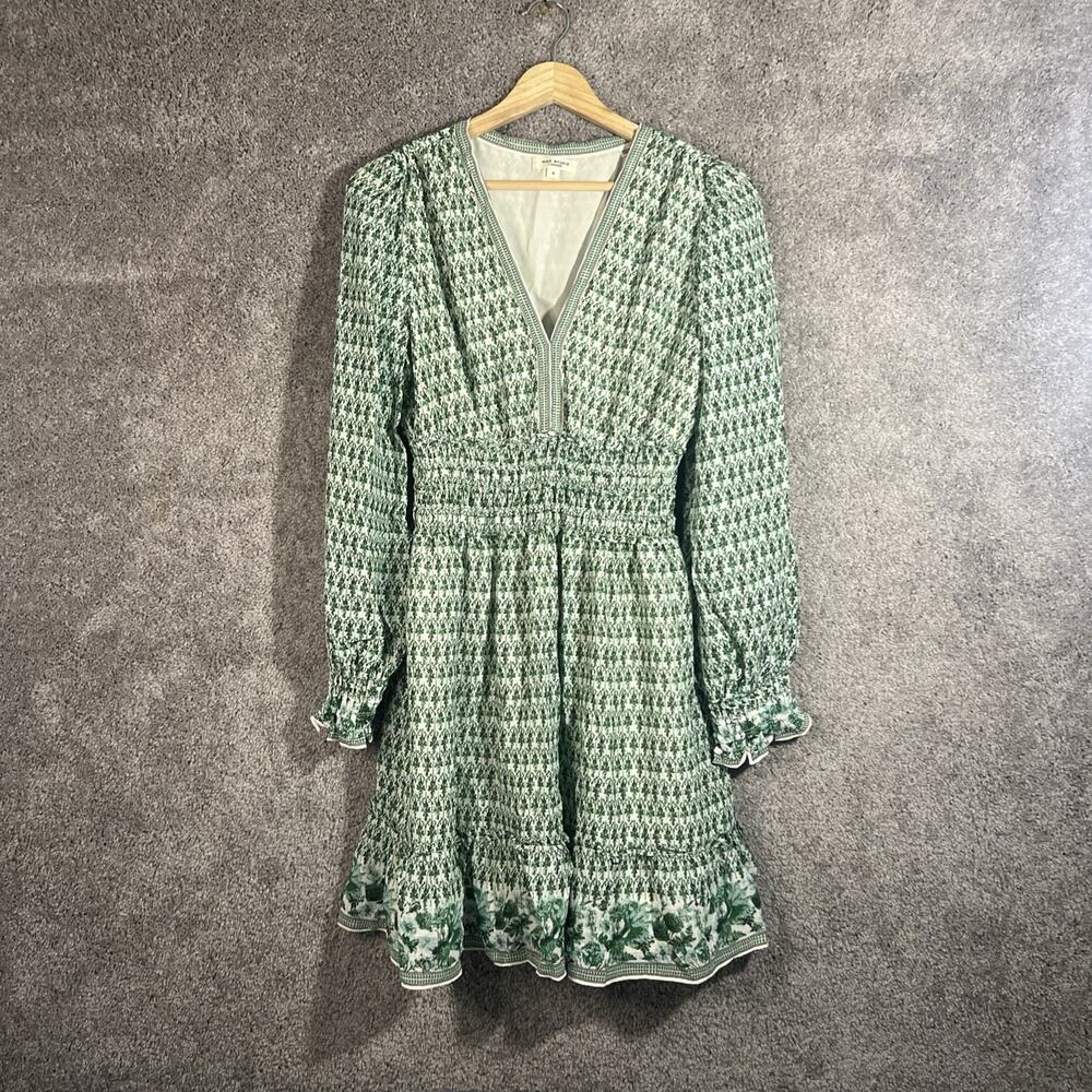 Max Studio Womens Small Green Floral V Neck Long Sleeve Lined Boho Dress NWOT